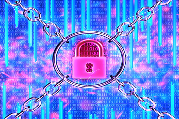 Ransomwaa magenta lock appears on a blue background featuring stylized code in shades of blue and magenta. The lock fastens large silver chains to represent anti phishing software as a solution for ransomware