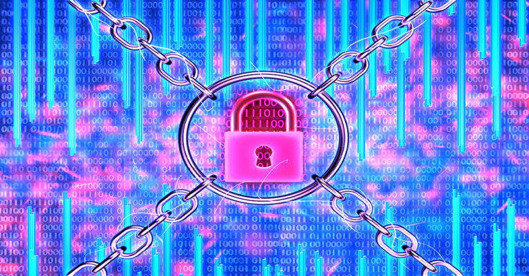 Ransomwaa magenta lock appears on a blue background featuring stylized code in shades of blue and magenta. The lock fastens large silver chains to represent anti phishing software as a solution for ransomware