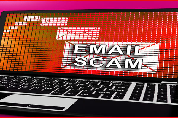 the words email scam on a black l;aptop computer screen surrounded by red and an image of a folder with a purple background 80's style depicting fake government messages