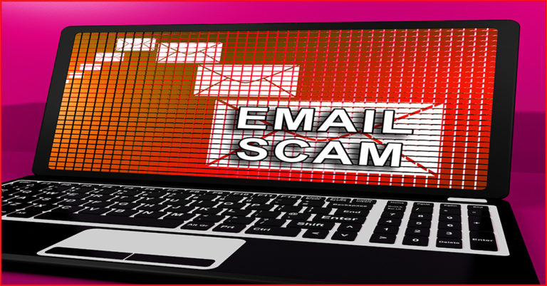 the words email scam on a black l;aptop computer screen surrounded by red and an image of a folder with a purple background 80's style depicting fake government messages