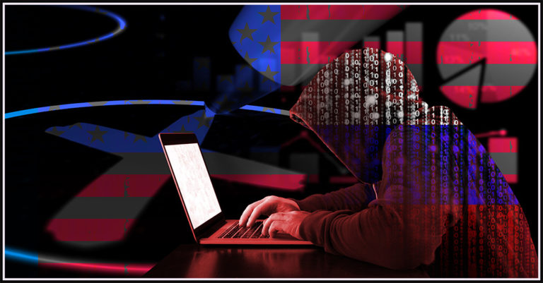 zero day threats from russian aligned cybercriminals represented b a hacker in a dark hoodie on a laptop overlaid by a glowing Russian flag.