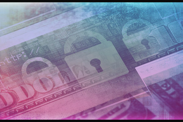 business email compromise statistics represented by a transparent image of US dollars stacked over an invoice in shades of blue and purple.