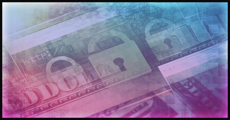 business email compromise statistics represented by a transparent image of US dollars stacked over an invoice in shades of blue and purple.