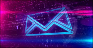 the neon outline of a blue envelope pops out of a neon bavkground in shades of purple.