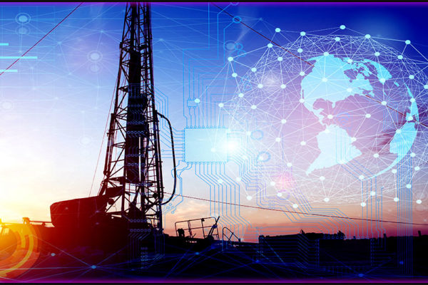 the colonil pipeline ransomware attack is depicted using a photo of an oil derrick with a faint blue image of a digitized globe overlay.