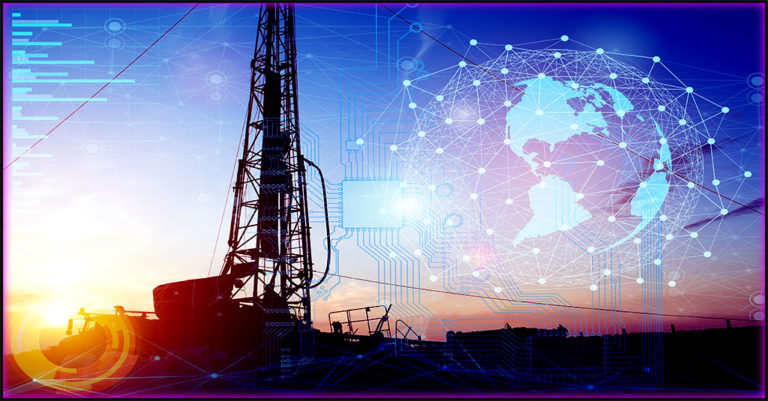 the colonil pipeline ransomware attack is depicted using a photo of an oil derrick with a faint blue image of a digitized globe overlay.