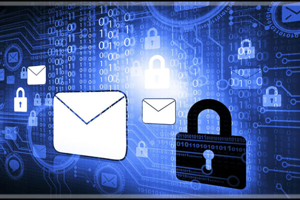 a white envelope and a black closed paslock appear against a bright bue background with sadows of other envelopes representing email security