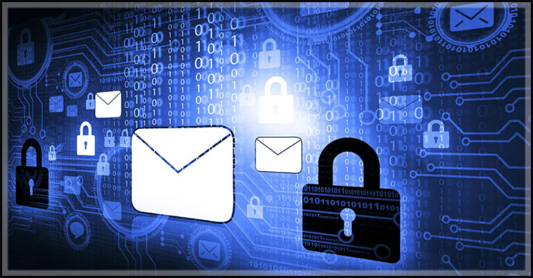 a white envelope and a black closed paslock appear against a bright bue background with sadows of other envelopes representing email security