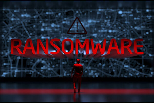 ransomware in red on a blue-grey digital worldmap