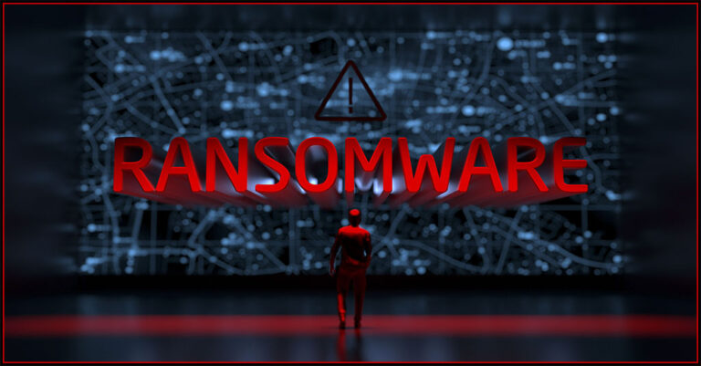 ransomware in red on a blue-grey digital worldmap