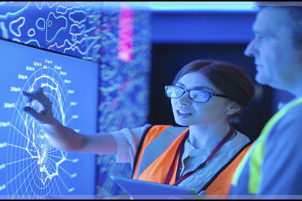 a young woman points to a readout on a digital screen of operational technology and a man watches.