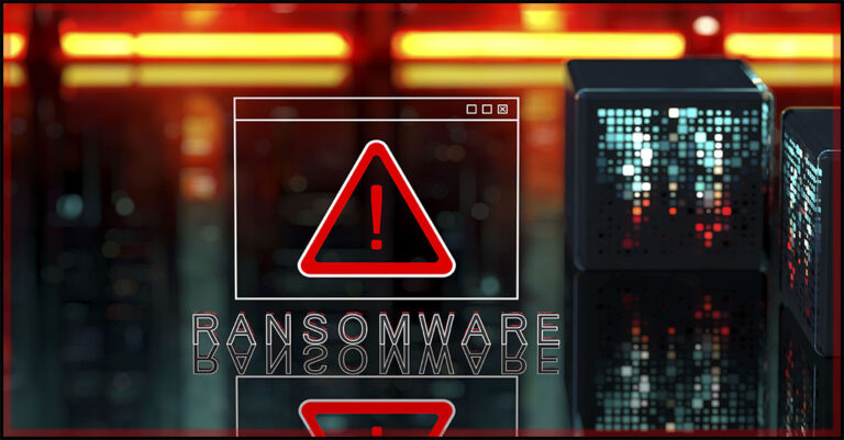 a small digital screen shows a triangular caution sign wheile the word ransomware appears below it in grey on a background of yellow and red digital screens