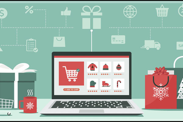 an artist rendering of a laptop surrounded by wrapped gifts with an illustration of the digital netwaork that provisions online shopping above it on a mint green background with red accents