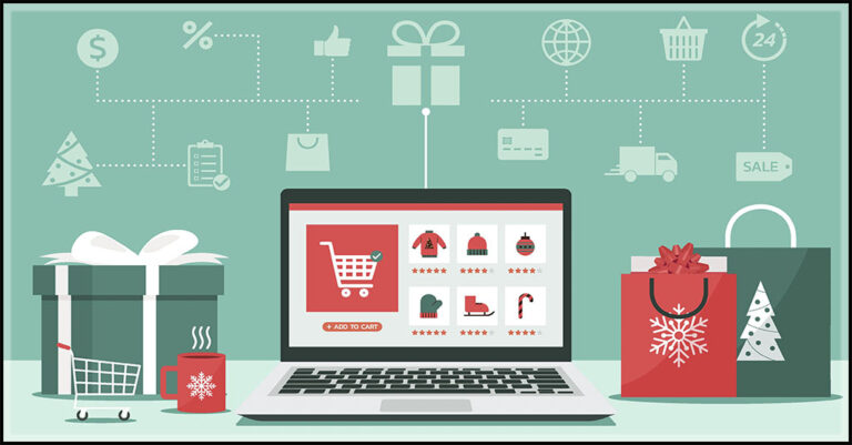 an artist rendering of a laptop surrounded by wrapped gifts with an illustration of the digital netwaork that provisions online shopping above it on a mint green background with red accents