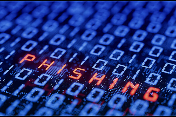 "Phishing " is displayed in analog block letters in red among lines of blue binary code