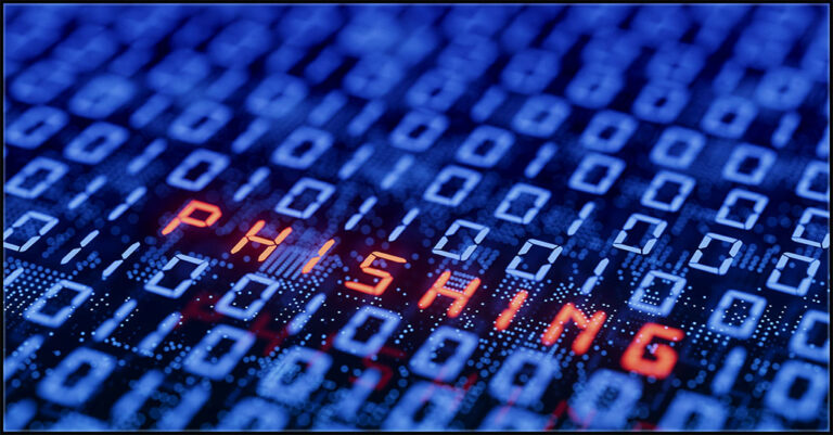 "Phishing " is displayed in analog block letters in red among lines of blue binary code